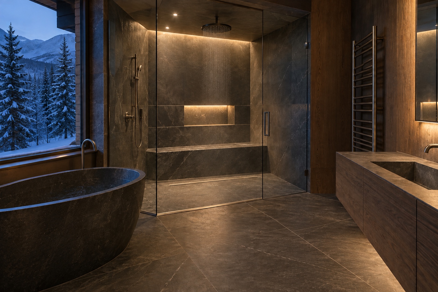 Empty Aspen dark-stone bathroom