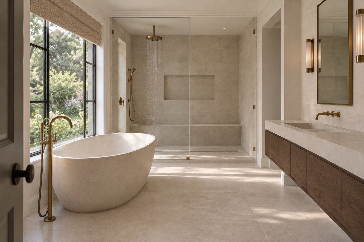 Empty limestone bathroom